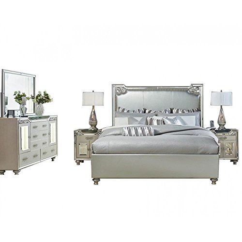 Aico Amini Bel Air Park E King Upholstered 5 Piece Bedroom Set - Bed, Nightstand, Dresser & Mirror, Chest in Champagne Grey