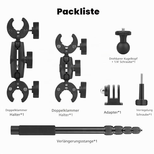 BRDRC Motorcycle Mount for Insta360 X4 X5, Bicycle Handlebar Mounting Kit with 150 cm Invisible Selfie Rod Double Clamp for Insta 360 X5 X4 X3 X2 X ONE RS R Go 3S Ace Pro, for GoPro Camera Accessories