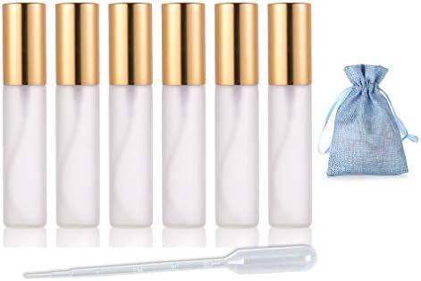 JJKMALL- 10pcs Fine Mist Frosted 10ml 1/3oz Gold Atomizer Glass Bottle Vial Spray Refillable Fragrance Perfume Empty Scent Bottle Gift Storage Bag Free 3ML Free Pipette