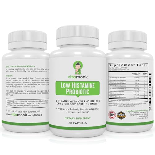 VitaMonk Low Histamine Probiotics Fight Histamine Intolerance and Support Balanced Gut Health - Histamine Free Probiotic for Those Seeking Health Improvements with Histamine Control -60 Capsules