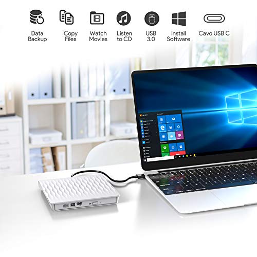 External CD DVD Drive,AUCEE USB 3.0 Type C Dual Port Slim Portable External CD DVD Rewriter Burner Writer, High Speed Data Transfer External USB Optical Drives for Laptop/MacBook/Desktop (White)