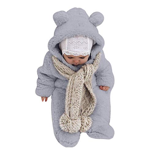 Pongfunsy Newborn Baby Snowsuit Warm Fleece Hooded Romper Jumpsuit Casual Solid Color Warm Coat Outwear (0-2Y) (80, Gray)