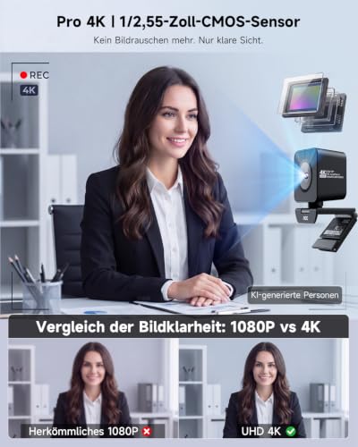 AOC UHD Webcam 4K, Webcam with Lens Cover & Dual Microphone, 75° Streaming Camera with Auto Focus, Automatic Light Correction, Plug & Play, PC Camera for Conferences, FaceTime, Linux, Win10, Mac OS