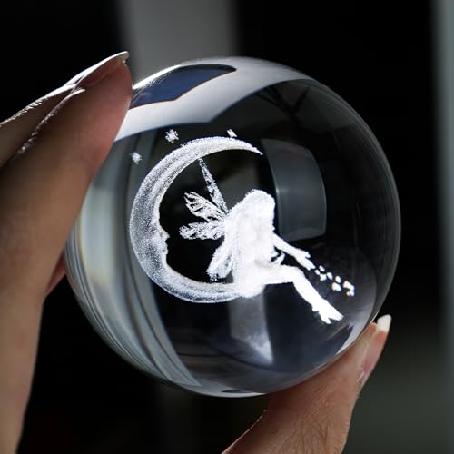 FUTUREPLUSX Crystal Ball with Stand, 3D Laser Crystal Ball Moon Fairy Glass Sphere for Birthady Gift Home Weeding Decor Crafts