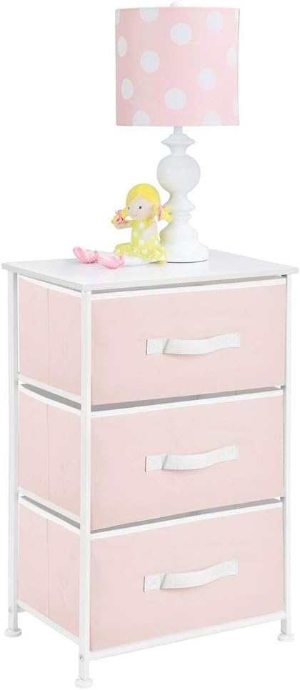 mDesign 3-Drawer Vertical Dresser Storage Tower - Sturdy Steel Frame, Wood Top and Easy Pull Fabric Bins - Multi-Bin Organizer Unit for Child/Kids Bedroom or Nursery - Light Pink/White: Home & Kitchen