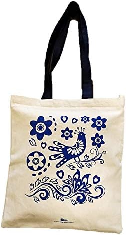 Arka Home Products Cotton Blue Bird with Handle Printed Eco-Friendly Women's Zipper Tote Bag