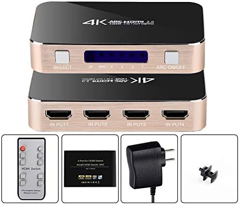 HDMI Switch, 4K@60Hz 4 in 1 Out HDMI Switcher with Optical TOSLINK SPDIF, 3.5mm Audio Jack Support ARC Function, 3D, 1080P @120Hz, 4Kx2k @60Hz HDTV (IR Wireless Remote Control)
