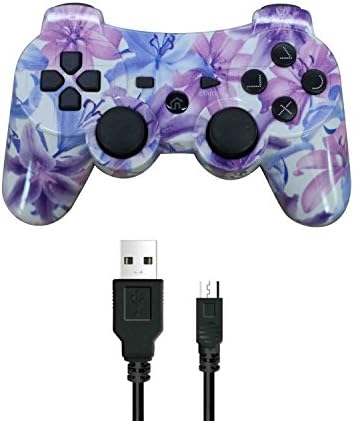 Crifeir Water Transfer Printing Wireless Controller for Playstation 3,Includes a Charging Cable(Purple Flower)