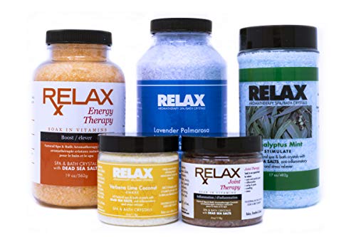 Relax Party Gift Pack, Bundle of 5 Unique Aromas, All Natural Epsom Salt Infused with Vitamins and Minerals, Safe for Spa, Bath, and Jetted Whirlpool.