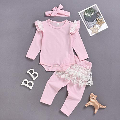 Little Story Children's Long-Sleeved Frill Hakama + lace Trousers + Headband Three-Piece suitInfant Baby Kids Girls Lace Pink