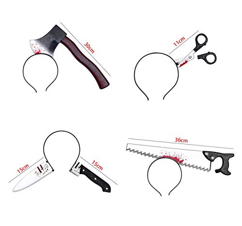 Astra Gourmet Halloween Horror Headand Costume Blood Headbands Accessories Party Decorations Funny Props Through Head Headband Props Sharp Knife Saw Axe Scissors - 4 Pack