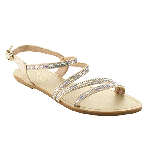 ANGELINA FI24 Women's Strappy Rhinestones Ankle Strap Flat Sandals, Color:GOLD, Size:7