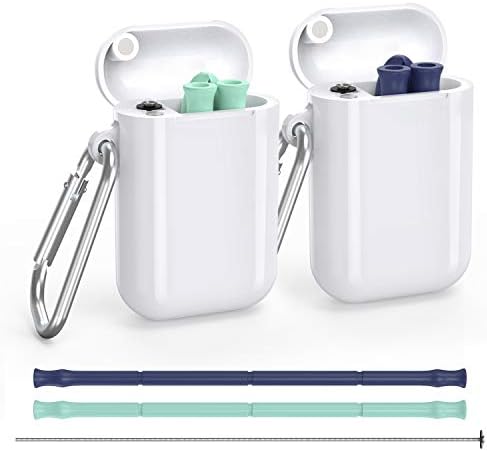 Clevus 2 Pack Reusable Silicone Collapsible Straws - Portable Food-Grade Drinking Straw with Hard Carrying Case and Cleaning Brush, BPA Free (Blue and Green)