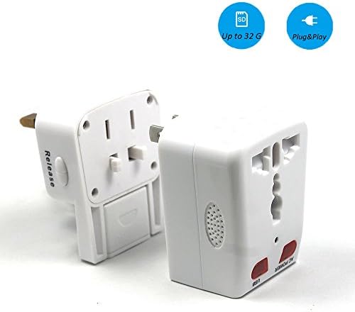 Camclub Wireless P2P Tiny HD Motion Detected Camera Hidden in a Plug with 2 Travel Adapters for EU and UK White (local loop recording up to 32GB. One free 8G Micro SD Card)