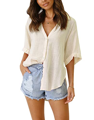 Womens Button Down Linen Shirts V Neck Roll Up Cuffed Sleeve