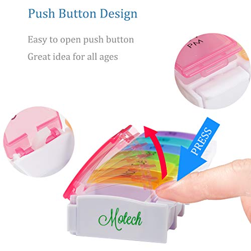 Motech Large 7-Day Push Button Once A Day Pill Organizer Weekly Daily Rainbow Colored Jumbo Medicine Planner Box for Vitamins Fish Oil Supplements Prescription Arthritis Medication