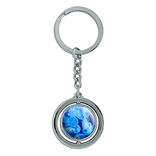 Jellyfish Blue Jelly Fish Ocean Underwater Spinning Round Metal Key Chain Keychain Ring