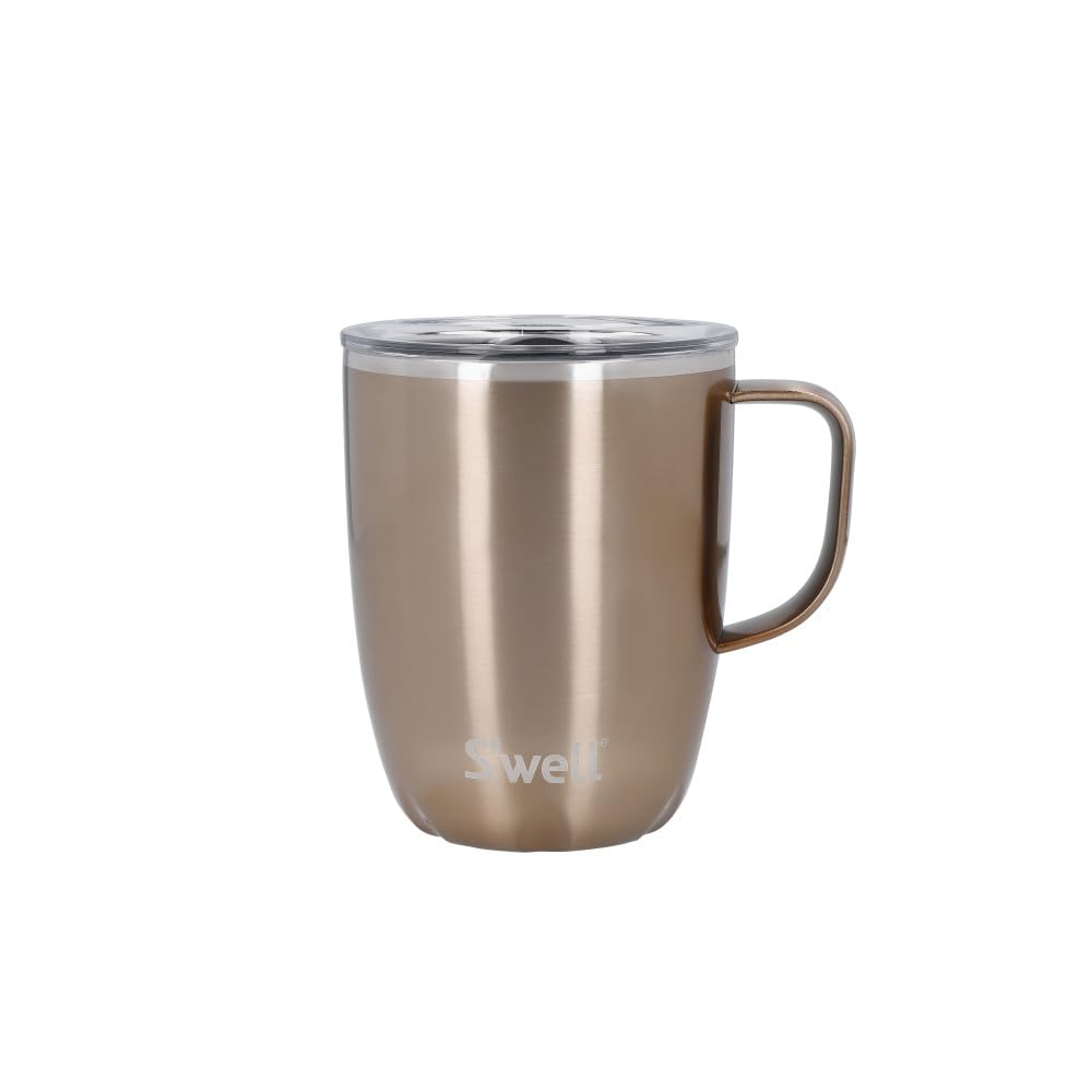 S'well Mug with Handle, Pyrite, 350ml. Vacuum Insulated Stainless Steel Travel Mug with Handle, On-The-Go Travel Cup with Slide-Open Lid - Dishwasher Safe, Gold — image 1