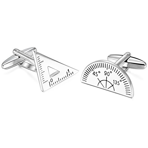 MOWOM Silver Tone 2PCS Rhodium Plated Cufflinks Protractor Ruler Shirt Wedding Business - Thumbnail 3