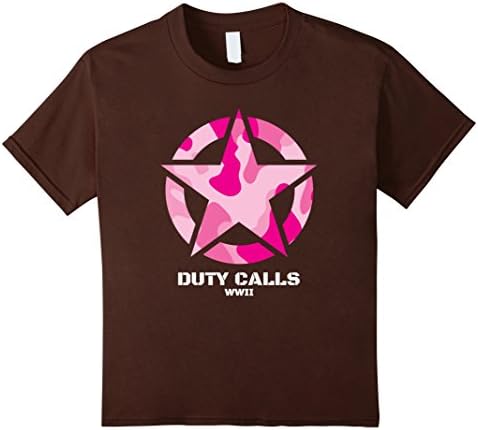 Kids Duty Calls WWII Pink Camo Star T-Shirt Gift 12 Brown