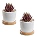Set of 2 Modern White Ceramic Succulent Planter Pots / Mini Flower Plant Containers with Bamboo Saucers