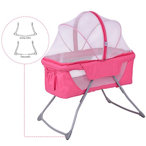 Costzon Baby Bassinet, Lightweight Foldable Rocking Bed with Mosquito Net & Carrying Bag (Pink)