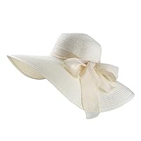 Aerusi Straw Bowknot Roll Up Large Wide Brim Floppy Caps Beach Sun Hat, Ivory