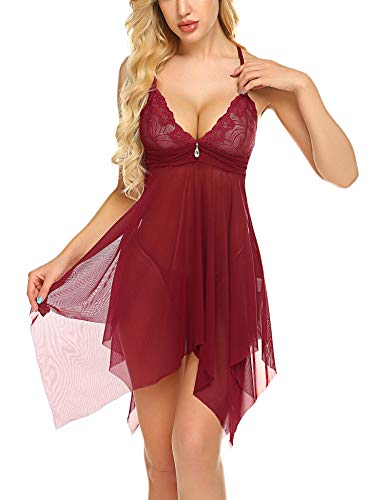 ADOME Women Sexy Lingerie Lace Nightie Asymmetrical Hem Babydoll Strap Chemise