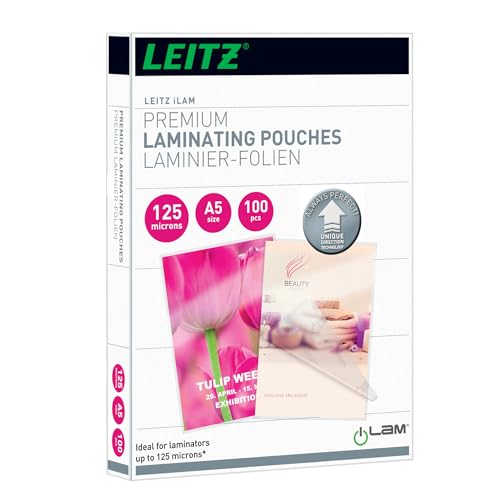 Leitz Heißlaminierfolien A5 125 mic, Laminierfolien in Premium-Qualität im 100er Pack, Glänzend, Transparent, Vereinfachtes Einlegen durch UDT, iLAM, 74930000