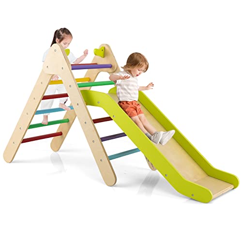 HONEY JOY Triangle Climber with Ramp, Kids Climbing Triangle Ladder for Daycare, Gym & Playground, Wooden Montessori Climbing Toys for Toddlers, Gift for Boys Girls