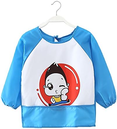 Baby Bibs Cute Cartoon Unisex Infant Toddler Baby Waterproof Sleeved Bib, Baby Toddler Smock (6 Months-3 Years) (Blue)
