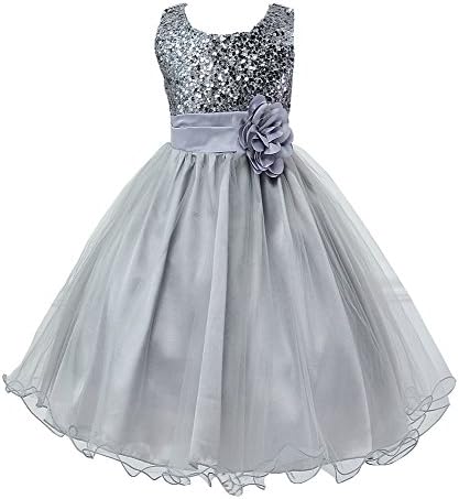 HLWLWOLFOYC Girls Sequin Sleeveless Flower Party Tulle Dress, Grey, 7-8Y/Tag150
