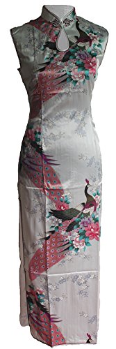 7Fairy Women's Silk White Keyhole Peacock Long Chinese Dress Qipao