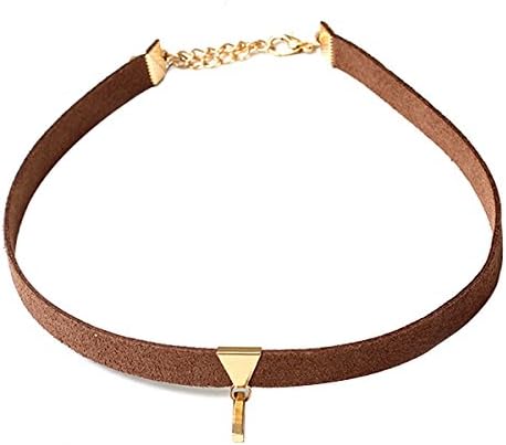 Woman Girl Choker Necklace Velvet Chain Choker Leather Gothic Collar Necklace with Pendant (Brown Ribbon Gold Pendant)