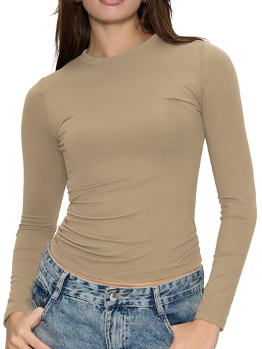 Long Sleeve Shirts for Women Fall Fashion Basic Crop Top, Coffee Grey, M at Amazon