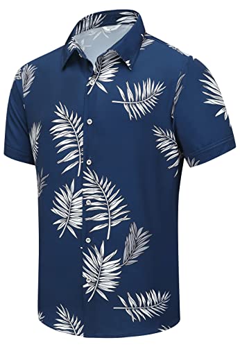 SheLucki Mens Hawaiian Shirts Short Sleeve Casual Button Down Shirts Summer Tropical Floral Beach Shirt Leaf Deepblue 1-078 S
