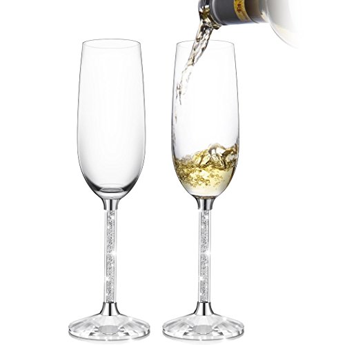 IFOLAINA Champagne Flute Red Wine Glasses Lead Free 8oz Set of 2 with Clear Long Crystal Diamond Stem - Birthday, Anniversary or Wedding Flutes Gifts