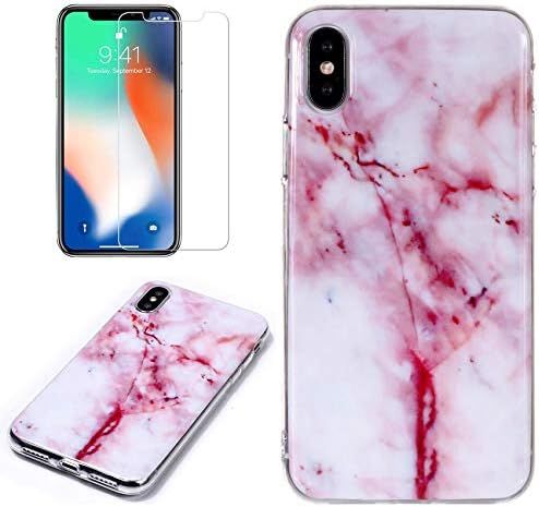 QFUN for iphone X/iphone XS Marble Case with Screen Protector,Unique Pattern Design Skin Ultra Thin Slim Fit Soft Gel Silicone Case, Shockproof Anti-Scratch Protective Back Cover - Red Line