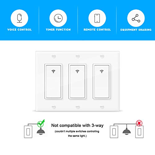 Vaticas 1 100-240V Smart WiFi Light Switch,Compatible with Alexa,Google Home and IFTTT, with Remote Control and Timer,No Hub Required Applicable to Family and Office(3 Gang White)