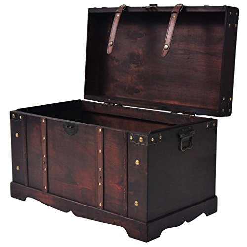 Wooden Storage Trunks, 25.98x14.96x15.75 inch Wood Made Pirate Treasure Chest Wooden Iron Lock Leather Chest with Latches Box for Antique-Style Storage Decorative Keepsak Chest