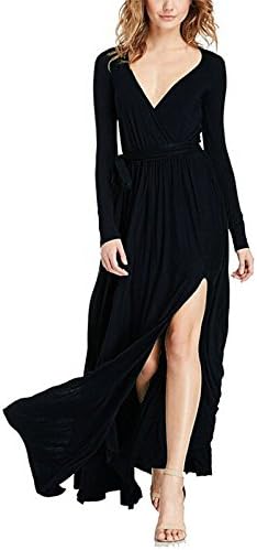 Maxi Dress Women's Long Sleeve Deep V-neck Split Side Prom Evening Gown Dress with Belt Black XL