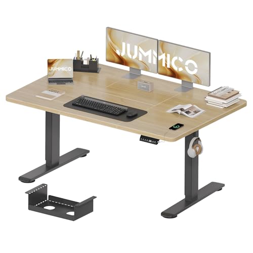 JUMMICO Höhenverstellbarer Schreibtisch 140 x 70 cm mit Kabelwanne, Höhenverstellbar Elektrisch Stehpult mit USB-Buchse, Computertisch, Ergonomischer