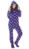 Footed Pajamas Navy Pink Polka Adult Hoodie Chenille