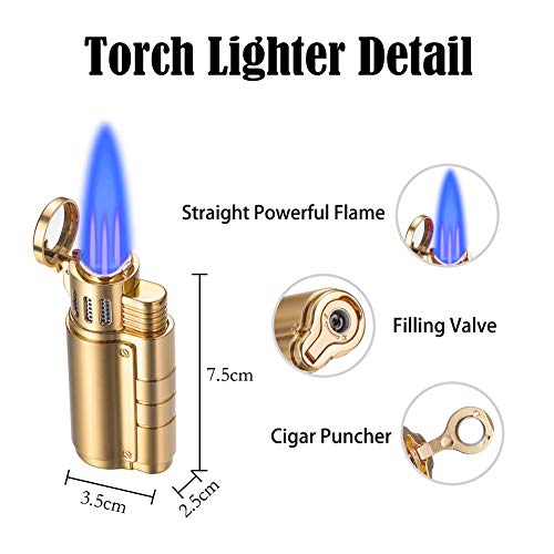 BS Cigar Lighter and Cutter Set,Cigar Punch Lighter Triple Jet Flame Butane Cigarette Torch Lighter (Black Nickel) (Gold)