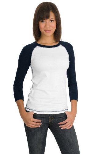 Ladies Perfect Weight 3/4 Sleeve Raglan Tee, Color: Wht/HthrDk Nvy, Size: Large