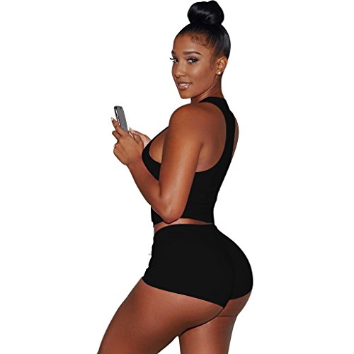Womens Activewear Sports Sleeveless Tank Top+Shorts 2 Piece Outfits Set Tracksuits Medium Black