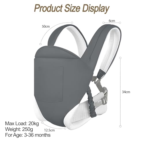 Grey Baby Carrier, Ergonomic Newborn Carrier Wrap with Hip Seat Storage Pocket, Soft Lightweight Adjustable Size Enhanced Lumbar Support Front Facing Back Sling for Toddler 3-36 Months All Seasons
