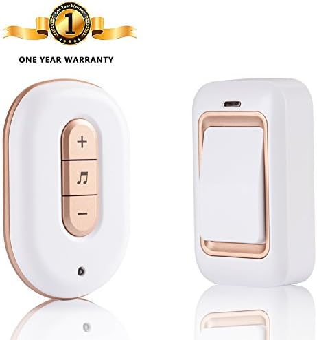 Wireless Doorbell,Self-Powered Door Kit,Plug-In Receiver&amp;Push Button Transmitter with 48 Chimes 6 Volume Levels, LED Indicator,IP68 Waterproof,Operating at 1000 Feet/300M Range, Battery-Free(Gold）