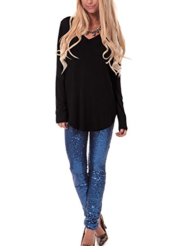MooliDa Womens Fall Tops Casual V-Neck Tee Shirt Tee Shirt Tunic Tops (Black, X-Large)
