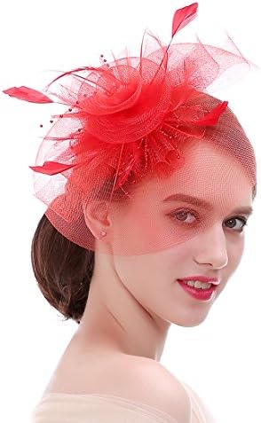 FIRYIN Veil Vintage Feather Fascinator Hat For Women Headband (Red)